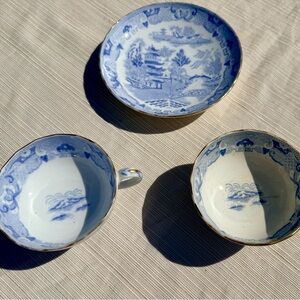 Miles Mason c. 1815 Antique Blue/White Porcelain Tea/Coffee Cups w/ Cookie Plate
